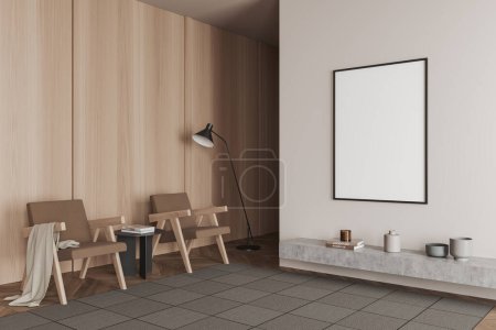 Photo for Corner view on bright living room interior with empty white poster, two armchairs, shelf with crockery, concrete floor. Concept of place for meeting. Mock up. 3d rendering - Royalty Free Image