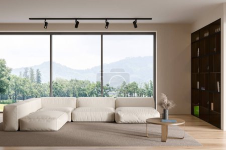 Téléchargez les photos : Light chill room interior with sofa, coffee table on carpet and hardwood floor. Panoramic window on countryside view. Stylish lounge zone. 3D rendering - en image libre de droit