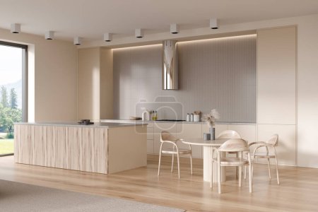 Foto de Wooden kitchen interior with island, eating area with chairs, side view. Panoramic window on city view. Deck with sink, stove and hood, hardwood floor. 3D rendering - Imagen libre de derechos