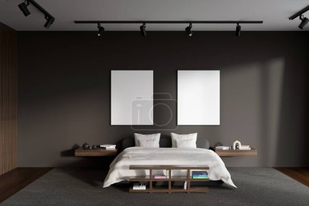 Téléchargez les photos : Dark bedroom interior, bed with white linens, nightstand with books and decoration, carpet on hardwood floor. Two mock up copy space posters in row. 3D rendering - en image libre de droit