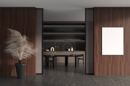 Photo for Dark kitchen room interior with chairs and eating table, sink and kitchenware with shelf. Mock up canvas frame on wooden wall, 3D rendering - Royalty Free Image