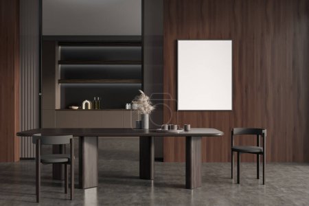 Photo for Dark kitchen room interior with chairs and eating table, kitchenware on shelf. Mock up canvas frame on wooden wall, 3D rendering - Royalty Free Image