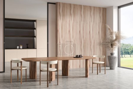 Foto de Wooden kitchen interior with dining table and chairs, side view, cooking space with shelf. Panoramic window on countryside view. Copy space empty wall. 3D rendering - Imagen libre de derechos