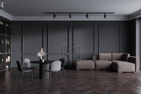 Téléchargez les photos : Dark living room interior with sofa and chairs, round table and shelf with decoration on parquet floor. Stylish chill hall in apartment. 3D rendering - en image libre de droit