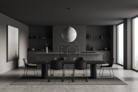Téléchargez les photos : Dark kitchen interior with eating table, carpet on grey concrete floor. Cooking room with shelves and kitchenware, panoramic window on countryside. 3D rendering - en image libre de droit