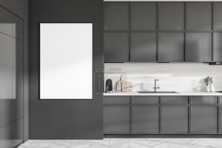 Photo for Dark cooking room interior with sink and shelves, kitchenware on deck. Mockup copy space menu and recipe, white hardwood floor, 3D rendering - Royalty Free Image