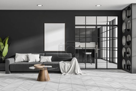 Téléchargez les photos : Dark studio room interior with empty white poster, island with barstool, panoramic window sofa, glass partition, grey wall, wooden floor. Concept of minimalist design. Mock up. 3d rendering - en image libre de droit