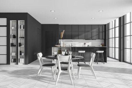 Téléchargez les photos : Stylish kitchen interior with dining table, chairs and countertop on white hardwood floor. Shelf with decoration and panoramic window on city view. 3D rendering - en image libre de droit