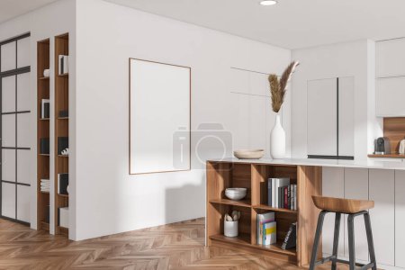 Téléchargez les photos : Stylish kitchen interior with bar chair and countertop, side view, dishes and art decoration on shelf. Mock up canvas poster on white wall. 3D rendering - en image libre de droit