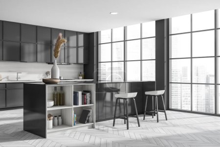 Photo for Light kitchen interior with bar chairs and countertop, side view, white hardwood floor. Shelf with art decoration. Panoramic window on Singapore city view. 3D rendering - Royalty Free Image