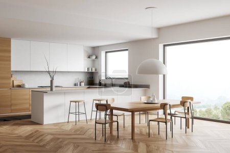 Photo for Corner view on bright kitchen room interior with panoramic window, island with barstools, dining table with chairs, cupboard, white wall, sink, wooden floor. Concept of minimalist design. 3d rendering - Royalty Free Image