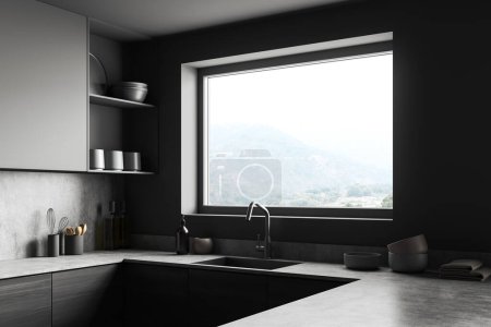 Téléchargez les photos : Corner view on dark kitchen room interior with window with countryside view, cupboard, grey wall, sink, plates, oil. Concept of minimalist design. 3d rendering - en image libre de droit