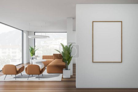 Photo for Front view on bright living room interior with empty white poster, panoramic window, sofa, armchair, white wall, oak wooden floor. Concept of minimalist design. Mock up. 3d rendering - Royalty Free Image