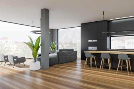 Photo for Corner view on dark studio room interior with island with barstools, panoramic window, sofa, armchair, grey wall, oven, oak wooden floor. Concept of minimalist design. 3d rendering - Royalty Free Image