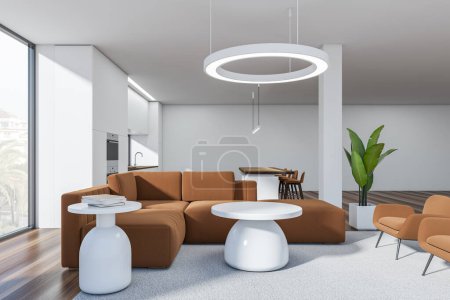 Photo for Side view on bright studio room interior with island with barstools, panoramic window, sofa, armchair, white wall, sink, oven, oak wooden floor. Concept of minimalist design. 3d rendering - Royalty Free Image