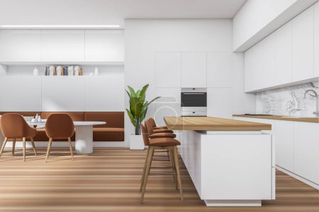 Foto de White kitchen interior with bar chairs and island, armchairs and eating table on hardwood floor. Shelf with books and plant, oven mounted. 3D rendering - Imagen libre de derechos