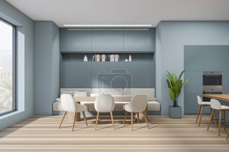 Téléchargez les photos : Blue kitchen interior with sofa and armchairs, eating table and bar chairs with island, hardwood floor. Stylish cooking space and eating area. 3D rendering - en image libre de droit