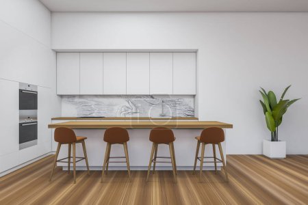 Foto de White kitchen interior with countertop, four bar chairs on hardwood floor. Modern eating area with plant, oven and sink. 3D rendering - Imagen libre de derechos