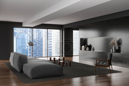 Foto de Modern lounge zone interior with sofa, armchair and coffee table on carpet and hardwood floor. Panoramic window on Singapore city view. Modern chill zone. 3D rendering - Imagen libre de derechos