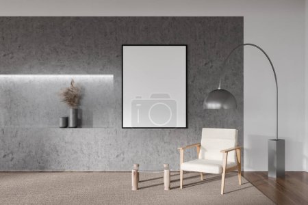 Photo for Front view on bright living room interior with empty white poster, armchair, shelves with crockery, carpet on oak wooden floor. Concept of place for meeting. Mock up. 3d rendering - Royalty Free Image