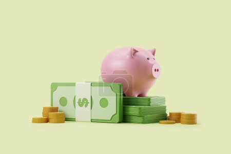 Piggy moneybox with pile of dollar banknotes, gold coins on light green background. Concept of savings and finance. 3D rendering