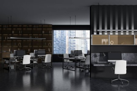 Téléchargez les photos : Front view on dark office interior with panoramic windows with Singapore city view, tables with armchairs, desktops, lamps and concrete floor. Concept of place for working process. 3d rendering - en image libre de droit