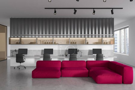 Photo for Front view on bright office interior with panoramic windows with Singapore city view, sofa, tables with armchairs, desktops, lamps and concrete floor. Concept of place for working process. 3d rendering - Royalty Free Image