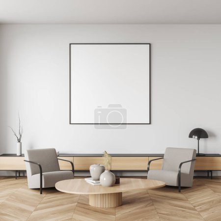 Photo for White relax interior with two armchairs and coffee table with art decoration, office cabinet on hardwood floor. Mock up blank poster. 3D rendering - Royalty Free Image