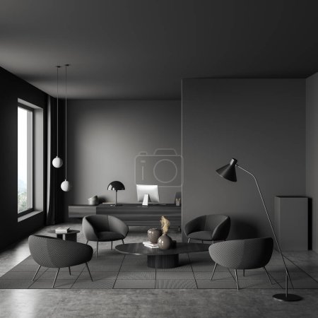 Photo for Dark manager room interior with pc computer on desk, front view. Relax zone with armchairs, coffee table on grey concrete floor. Panoramic window on countryside. 3D rendering - Royalty Free Image