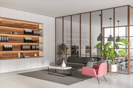 Foto de Light business interior with lounge zone, side view, sofa and armchair with coffee table. Meeting room behind glass doors, cabinet with folders. Panoramic window on city view. 3D rendering - Imagen libre de derechos