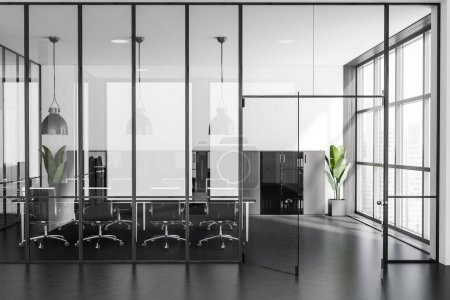 Téléchargez les photos : Dark conference room interior with armchairs and table, shelf with folders on grey concrete floor. Office documents and decoration, panoramic window on city view. 3D rendering - en image libre de droit