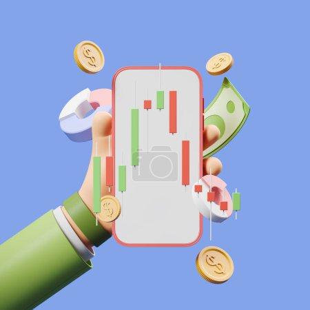 Photo for Cartoon hand with phone copy space display, financial graph and candlesticks with money falling on blue background. Concept of trading and cryptocurrency. 3D rendering - Royalty Free Image