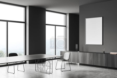 Foto de Grey meeting room interior with chairs and table, side view, cabinet with art decoration, grey concrete floor. Panoramic window on countryside. Mock up blank poster. 3D rendering - Imagen libre de derechos