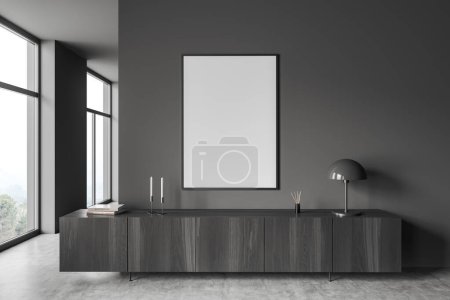 Photo for Dark living room interior with wooden dresser and art decoration, front view, grey concrete floor. Panoramic window on countryside. Mock up poster. 3D rendering - Royalty Free Image