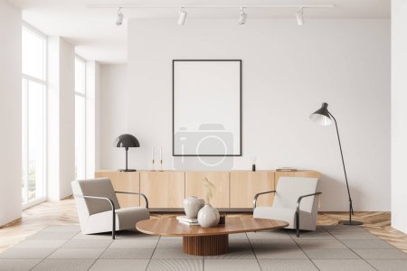 Photo for White living room interior with two armchairs and coffee table, dresser with art decoration, carpet on hardwood floor. Panoramic window on countryside. Mock up blank poster. 3D rendering - Royalty Free Image
