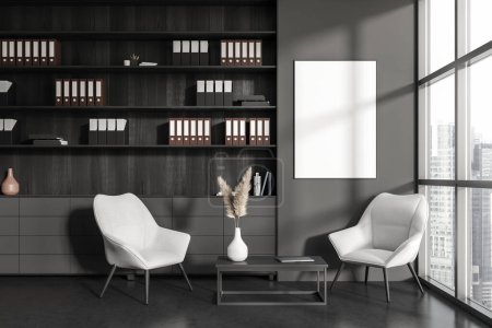 Téléchargez les photos : Dark relax place interior in business office, armchairs and laptop, sideboard with documents. Panoramic window on city view, grey concrete floor. Mock up canvas poster. 3D rendering - en image libre de droit