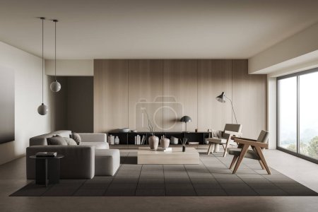 Photo for Lounge zone interior with armchairs and sofa, front view, coffee table and shelf with decoration, carpet on grey concrete floor. Panoramic window on countryside. 3D rendering - Royalty Free Image