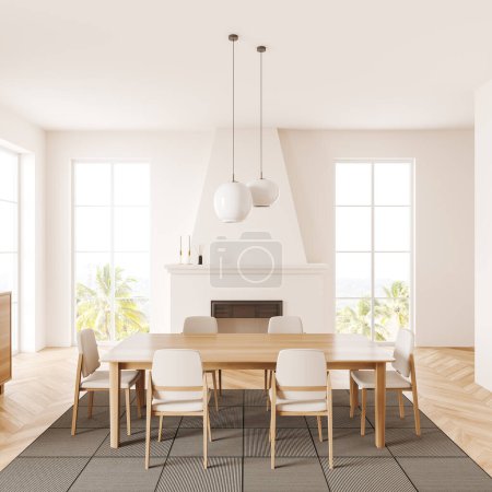 Téléchargez les photos : Light dining room interior with chairs and table, fireplace and decoration, front view, carpet on hardwood floor. Panoramic window on countryside. 3D rendering - en image libre de droit
