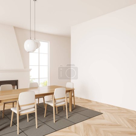 Téléchargez les photos : Light living room interior with chairs and table, fireplace, side view, carpet on hardwood floor. Panoramic window on countryside. Mockup empty wall. 3D rendering - en image libre de droit
