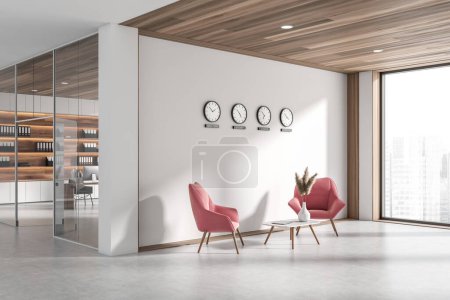 Foto de Corner view on bright office interior with two pink armchairs, panoramic window with Singapore view, coffee table with laptop, glass partition, concrete floor, clocks on white wall. 3d rendering - Imagen libre de derechos