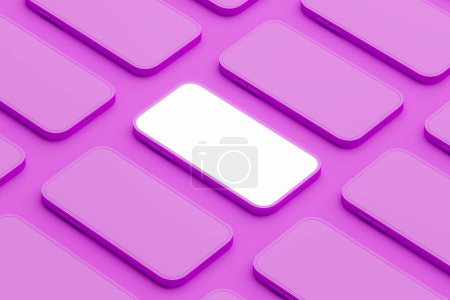 Photo for Smartphone with blank display, row of mobile device on purple background. Concept of web development and mobile app. Mock up copy space. 3D rendering - Royalty Free Image