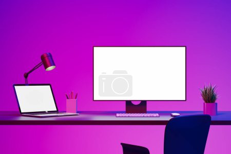 Foto de Desktop computer and laptop mock up copy space screen, desk with office tools, color light. Concept of workplace. 3D rendering - Imagen libre de derechos