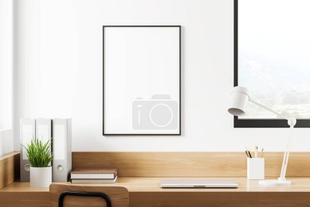 Photo for Workplace interior with laptop and office tools on wooden work desk. Business documents and panoramic window on countryside. Mockup canvas poster on white wall. 3D rendering - Royalty Free Image