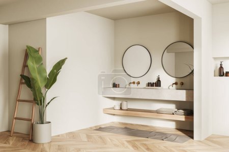 Téléchargez les photos : Beige bathroom interior with double sink and mirror, side view bathing accessories and plant with rail ladder on hardwood floor. Mockup empty wall. 3D rendering - en image libre de droit
