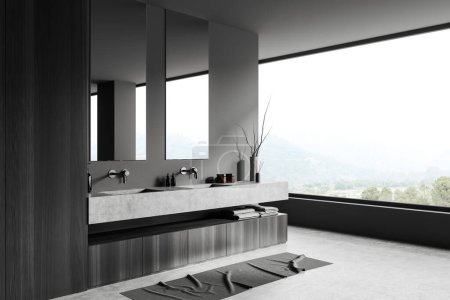 Photo for Dark bathroom interior with double sink and mirror, side view stone deck with bathing accessories and decoration. Panoramic window on countryside. 3D rendering - Royalty Free Image
