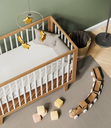 Photo for Top view on bright baby room with child bed, basket, sideboard, green wall, oak wooden hardwood floor. Concept of nursery in soft design, cozy space for newborn kid. 3d rendering - Royalty Free Image