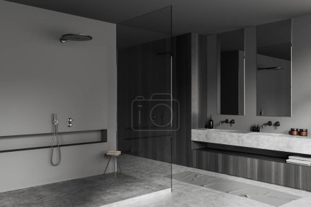 Téléchargez les photos : Grey bathroom interior with double sink and mirror, side view shower behind glass partition. Stone deck and wooden dresser with accessories. 3D rendering - en image libre de droit