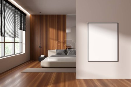 Téléchargez les photos : Front view on bright bedroom interior with empty white poster, bed, bedsides, panoramic window, oak hardwood floor, wooden wall. Concept of minimalist design. Space for chill. Mock up. 3d rendering - en image libre de droit