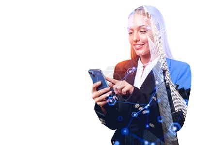 Photo for Attractive businesswoman in formal wear standing holding smartphone with digital interface with network. City skyscraper in background. Concept of dreaming business person, distant work - Royalty Free Image