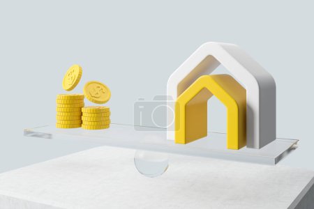 Photo for Glass transparent scales with abstract house sign and dollar coins, light background. Concept of investment and property. 3D rendering - Royalty Free Image
